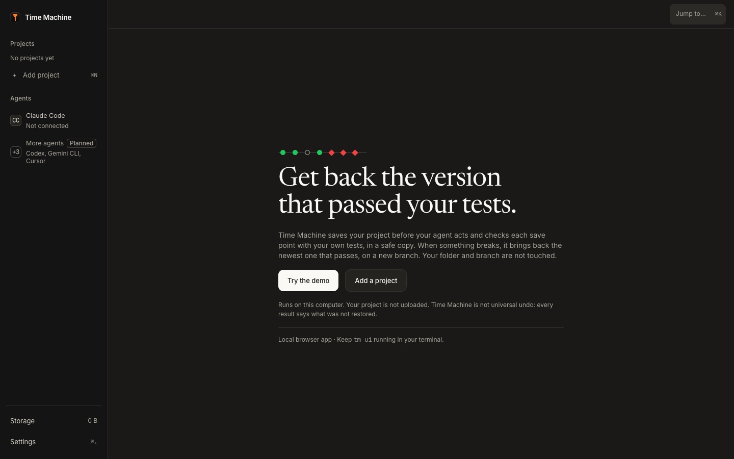 The web app's first screen, before any project is added. It offers two buttons: Try the demo and Add a project.